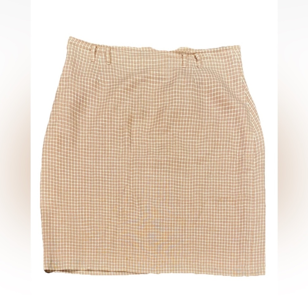 Vintage 90s Paul Harris Design Linen Gingham Mini Skirt Peach Tan Size 12 Preppy